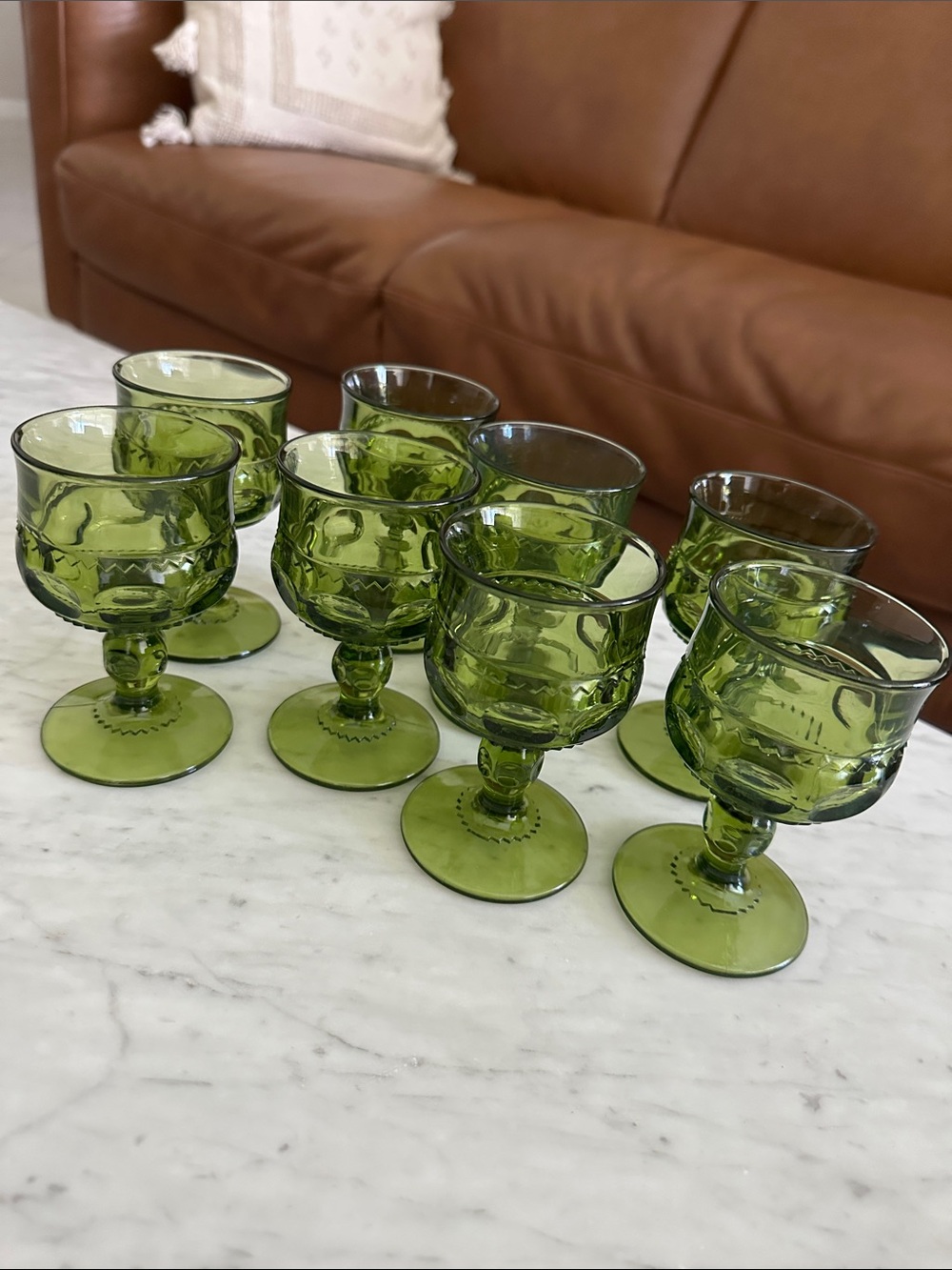 Indiana Glass Avocado Green Vintage Thumb Print Cordial Glass Set of 8